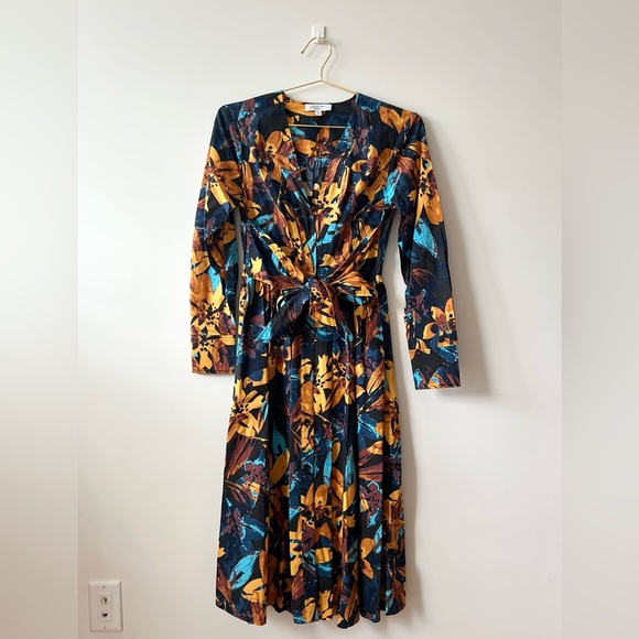 Marissa Webb Blue/Yellow Floral Printed Midi Cotton Long Sleeve Shirtdre… - Picture 2 of 8